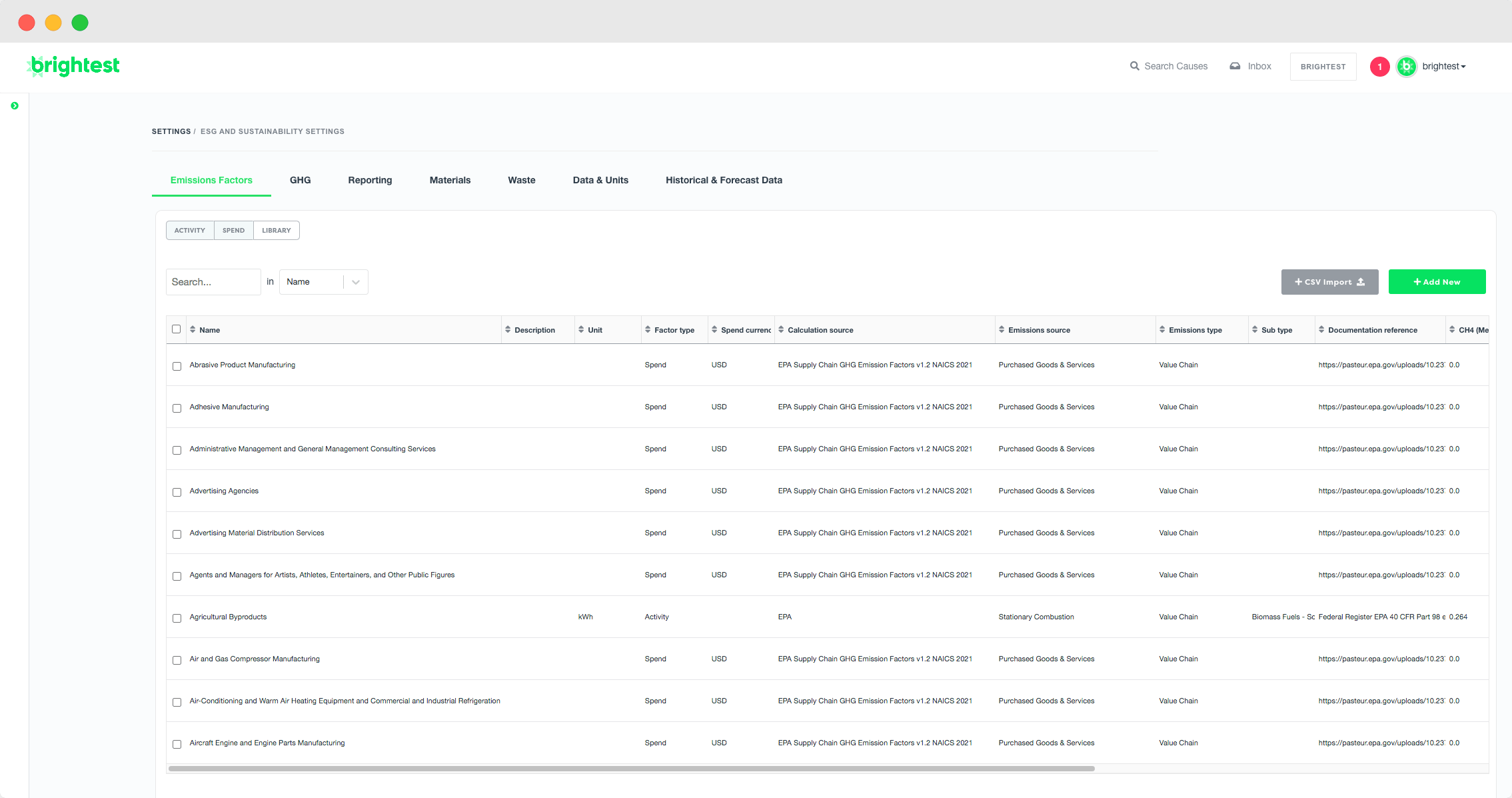 Emissions factor library