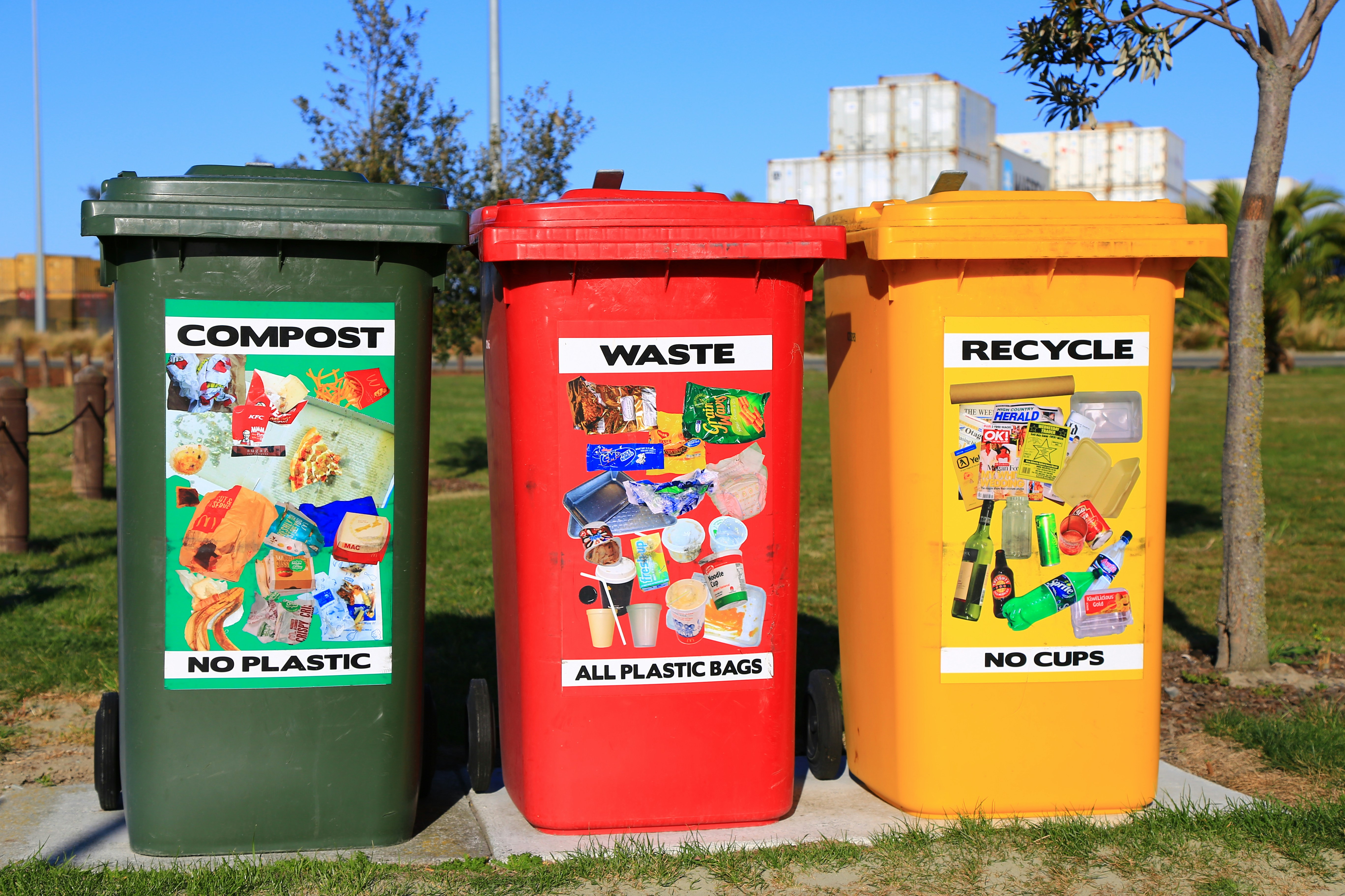 Recycling bin, Compost bin, and general waste bin